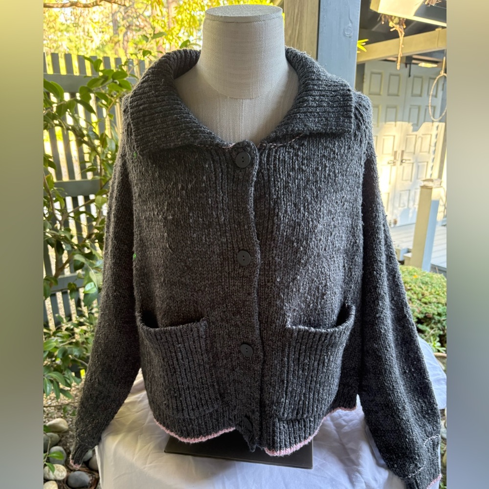 Pilcro Charcoal Gray Cardigan with Dog Intarsia and Pink Trim - Picture 2 of 15